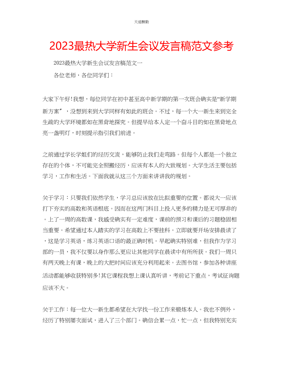 2023年最热大学新生会议发言稿.docx_第1页