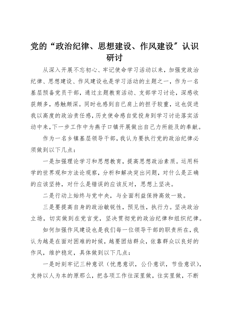 2023年党的“政治纪律、思想建设、作风建设”认识研讨.docx_第1页