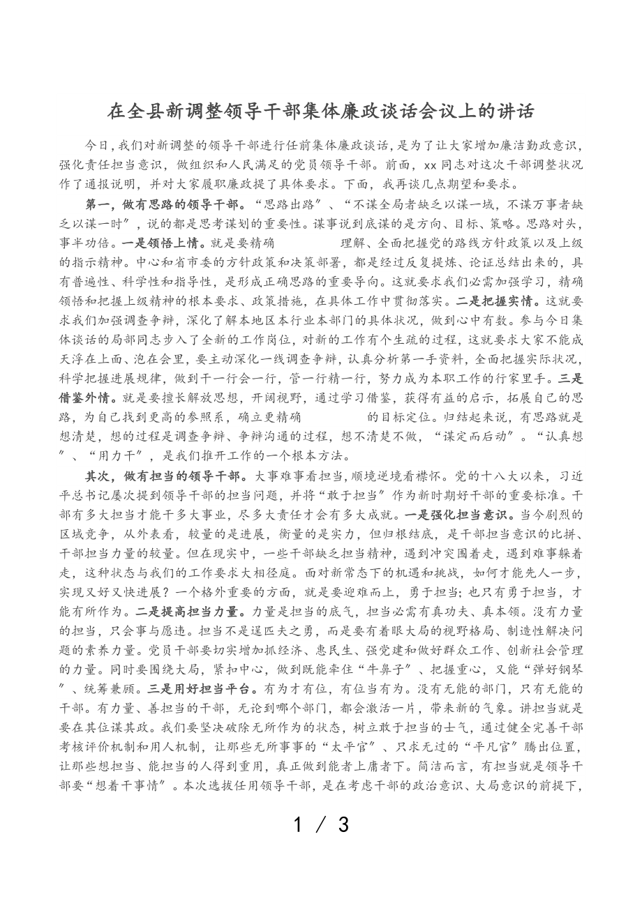 2023年在全县新调整领导干部集体廉政谈话会议上的讲话.doc_第1页