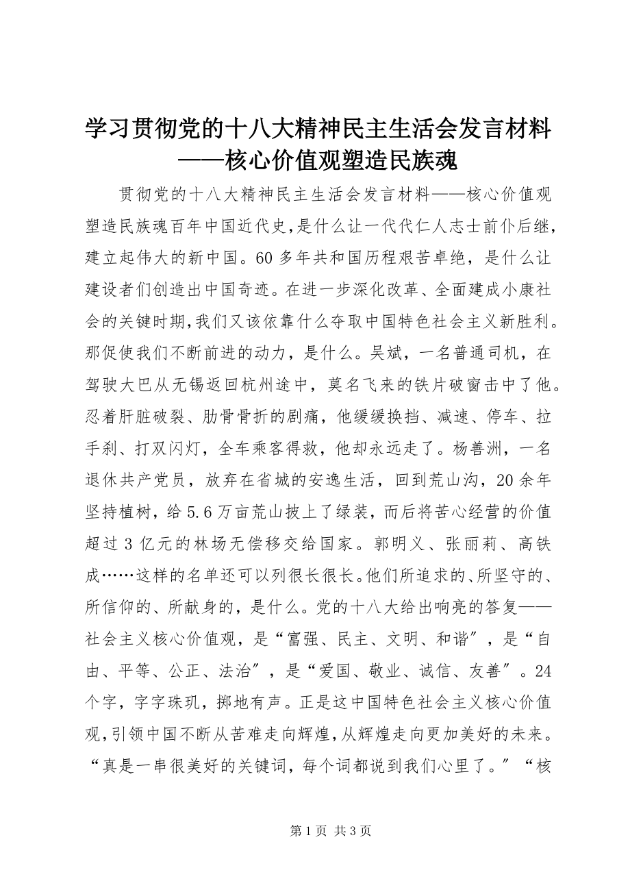 2023年学习贯彻党的十八大精神民主生活会讲话材料核心价值观塑造民族魂.docx_第1页