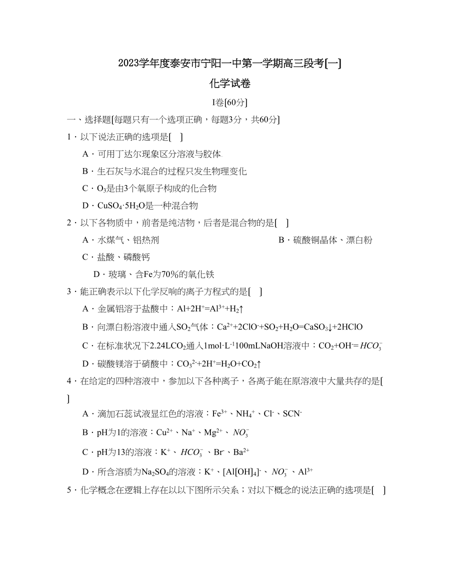 2023年度泰安市宁阳第一学期高三段考（一）高中化学.docx_第1页