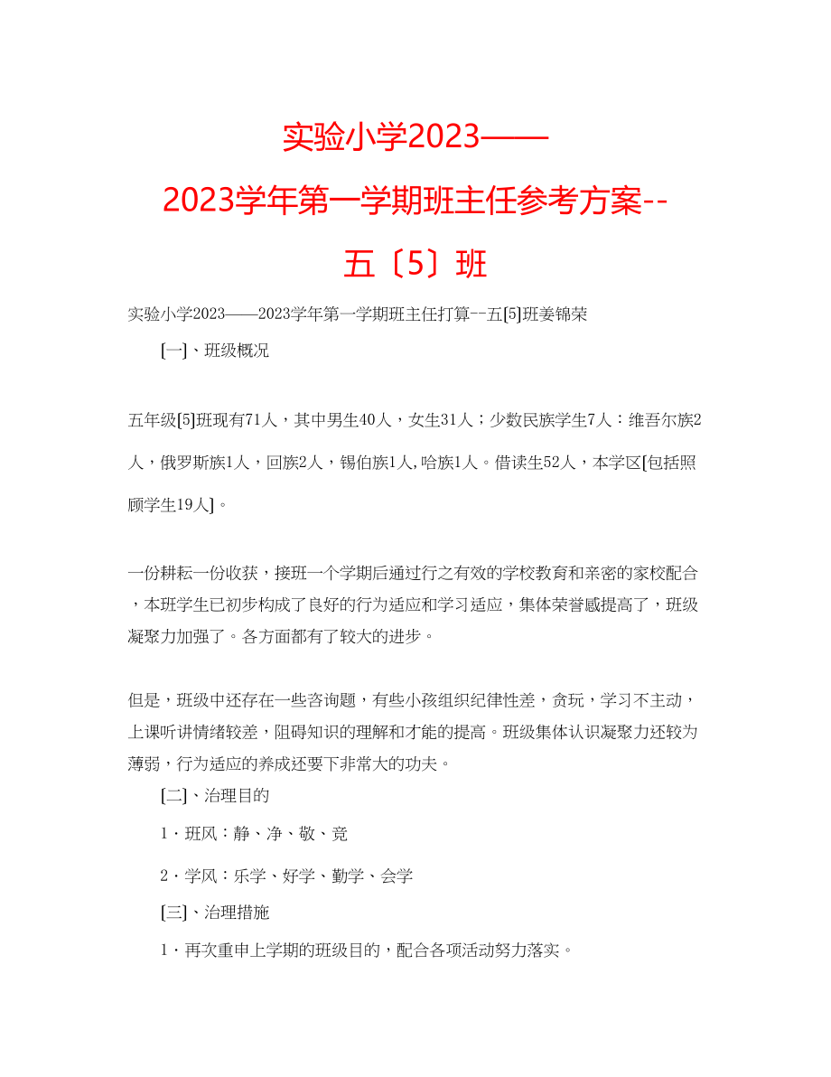 2023年实验小学学第一学期班主任计划五（5）班.docx_第1页