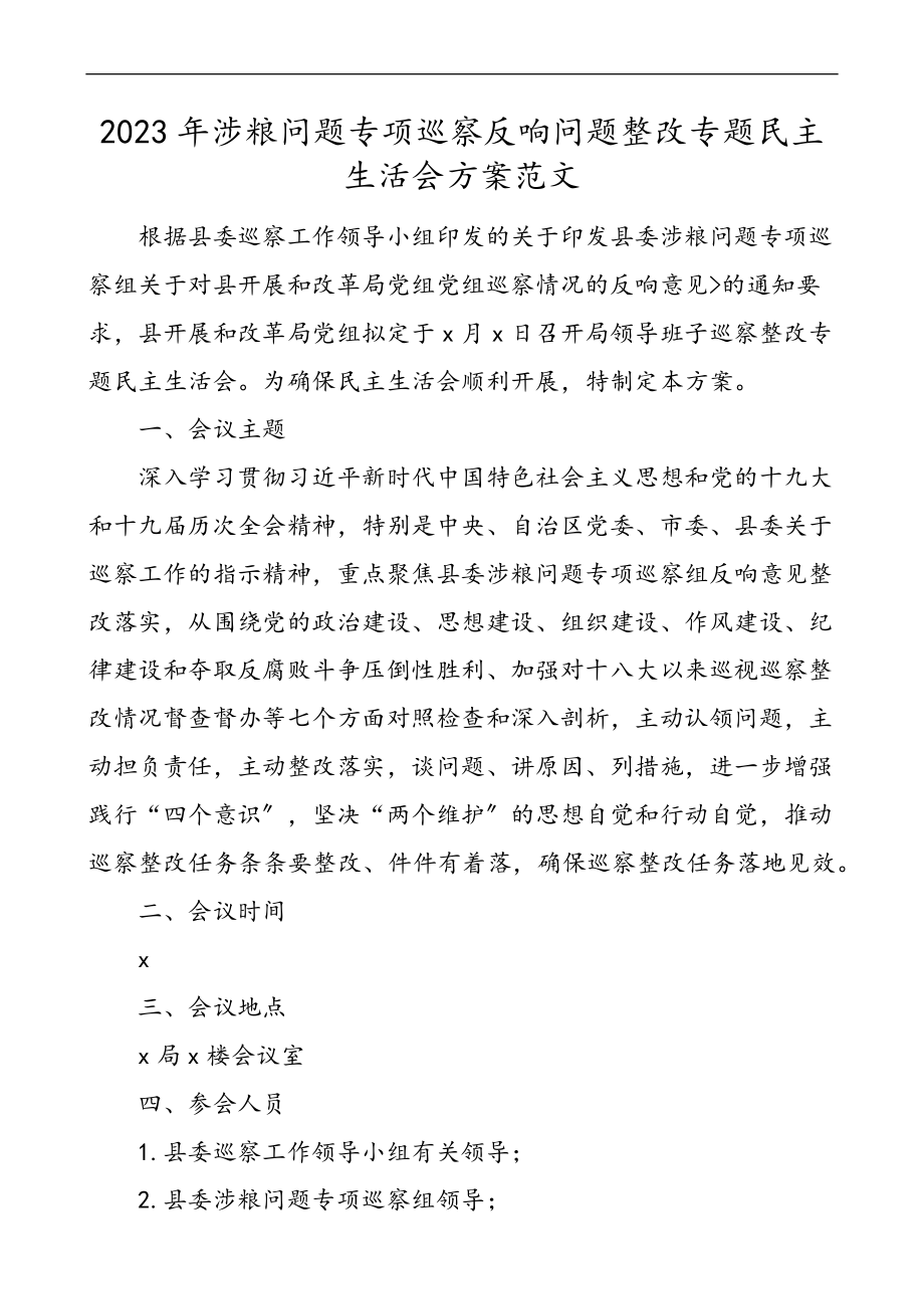 涉粮生活会方案涉粮问题专项巡察反馈问题整改专题民主生活会方案粮食.docx_第1页