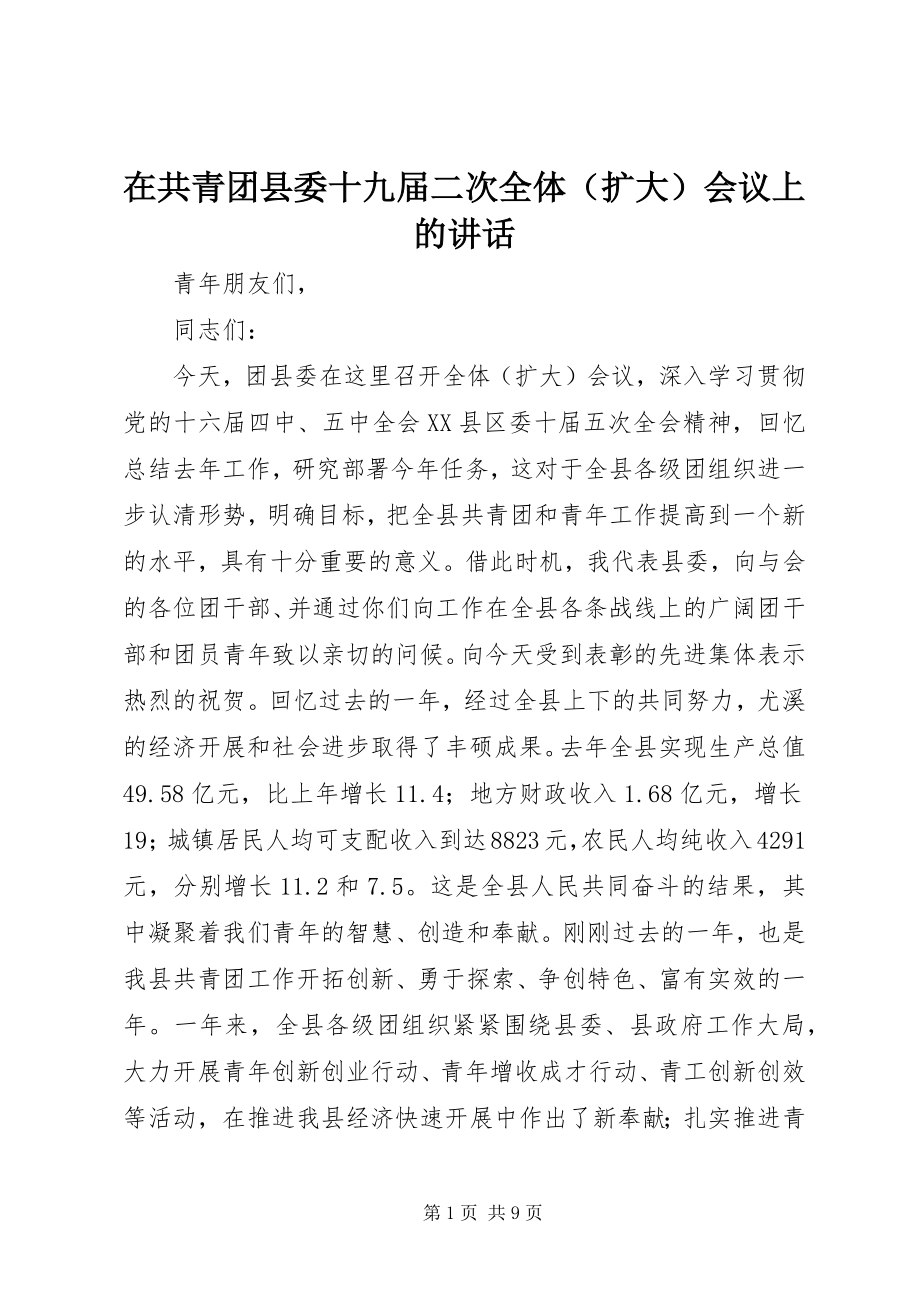 2023年在共青团县委十九届二次全体会议上的致辞.docx_第1页