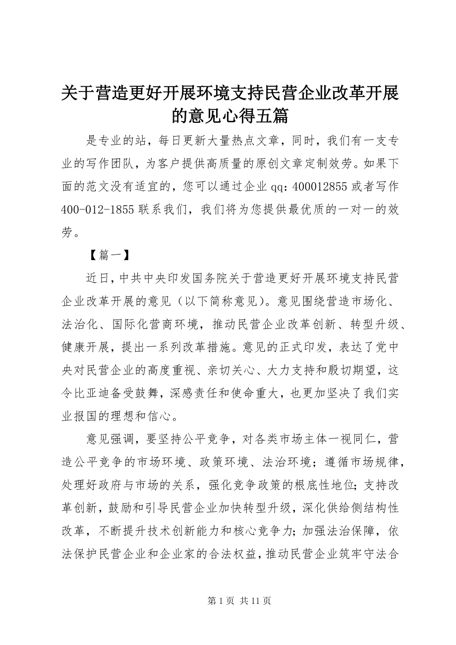 2023年营造更好发展环境支持民营企业改革发展的意见心得五篇.docx_第1页