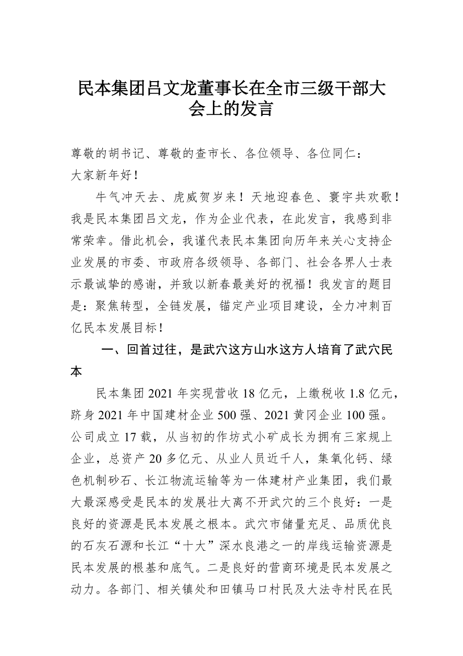 民本集团吕文龙董事长在全市三级干部大会上的发言.docx_第1页