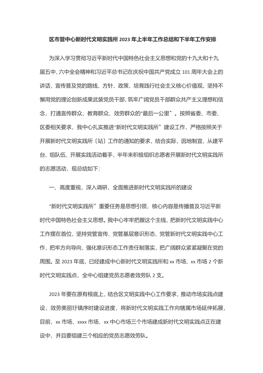 区市管中心新时代文明实践所上半年工作总结和下半年工作安排（范文）.docx_第1页