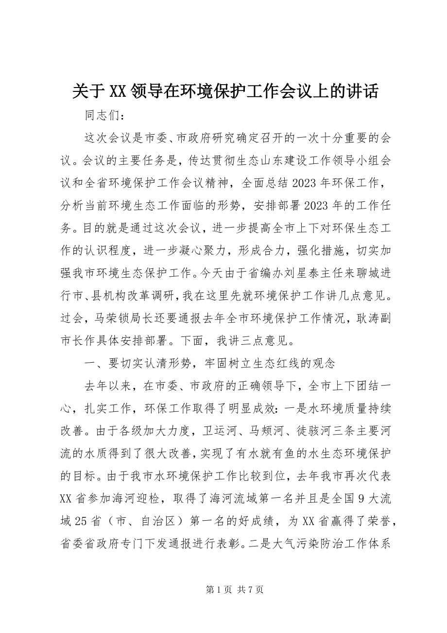 2023年XX领导在环境保护工作会议上的致辞.docx_第1页