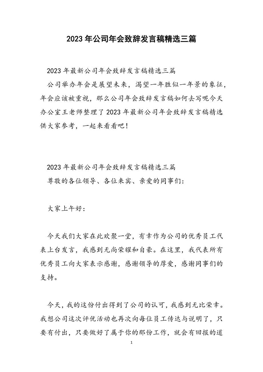 2023年公司年会致辞发言稿3篇.docx_第1页