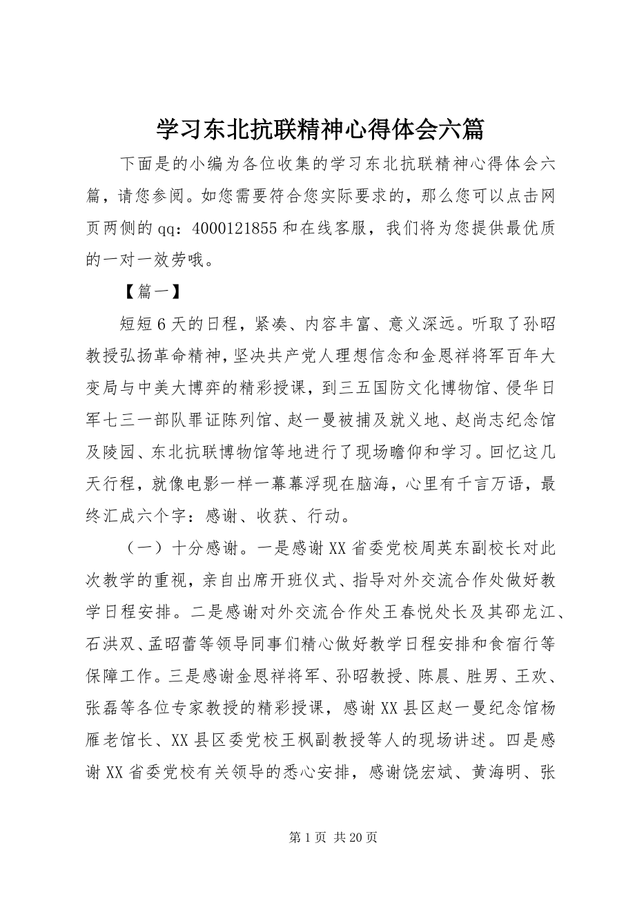 2023年学习东北抗联精神心得体会六篇.docx_第1页