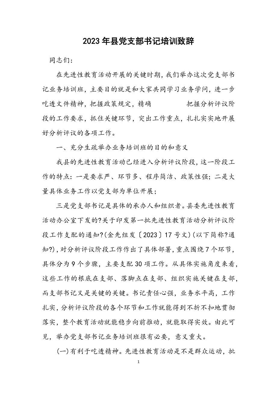 2023年县党支部书记培训致辞.docx_第1页