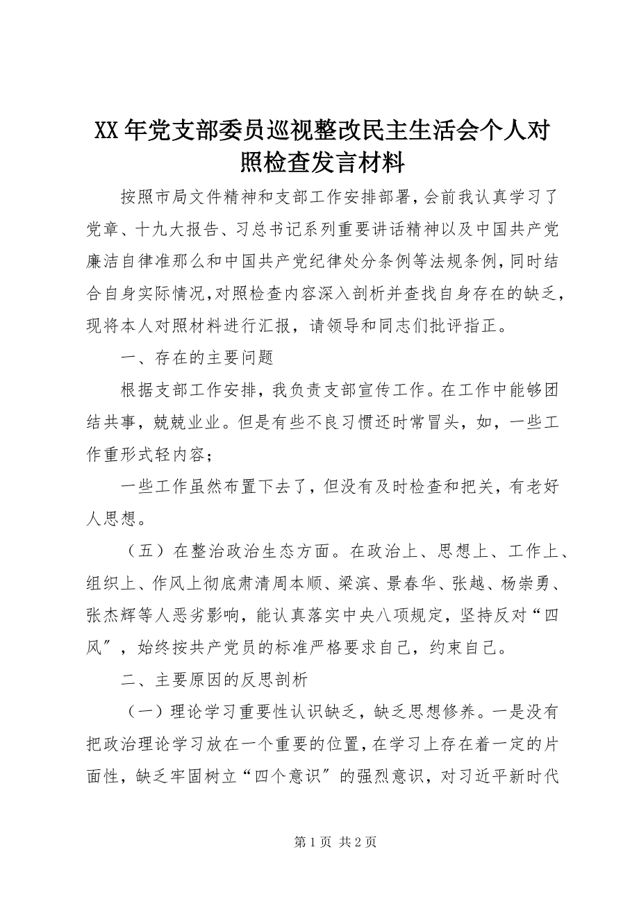 2023年党支部委员巡视整改民主生活会个人对照检查讲话材料.docx_第1页