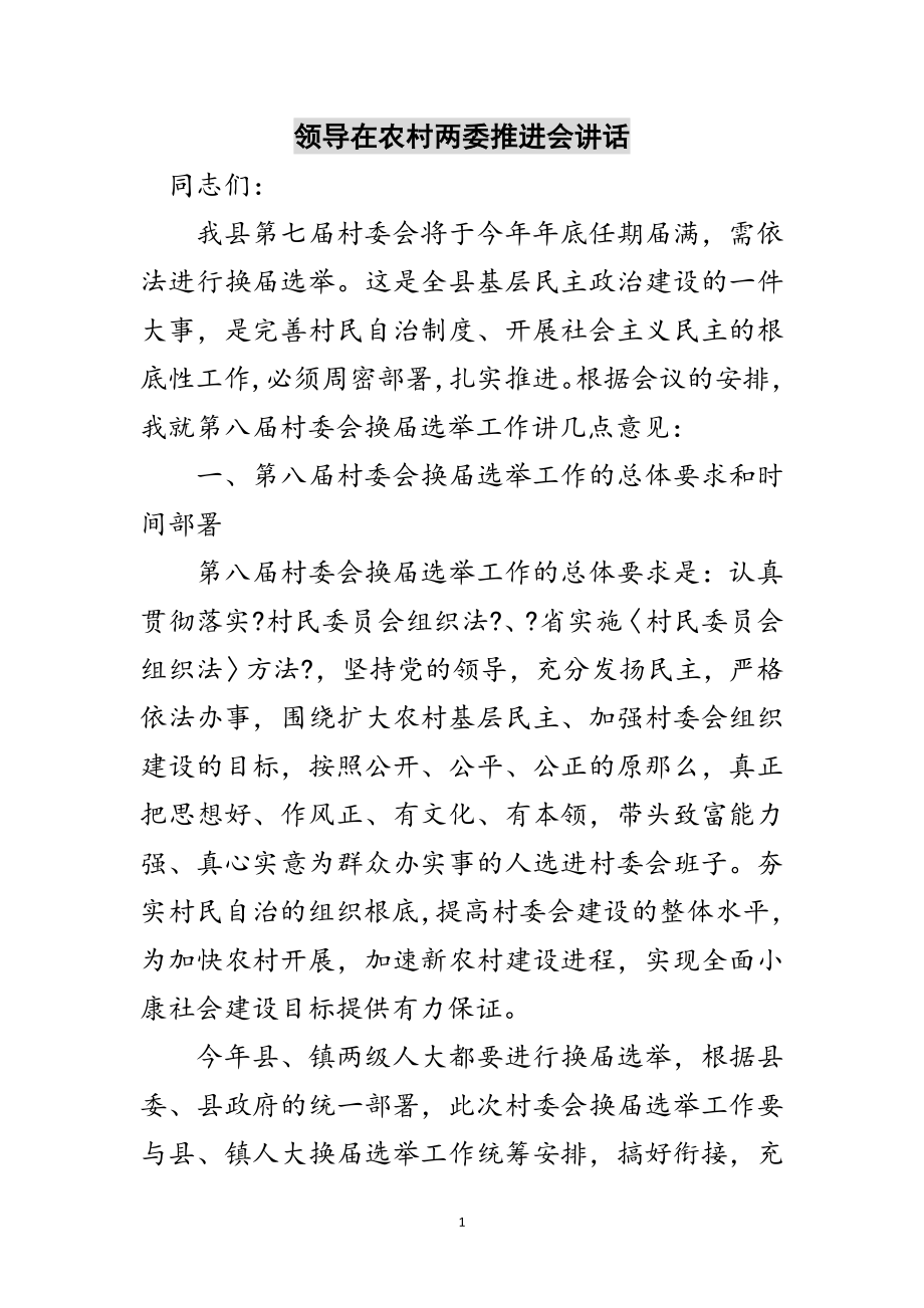 2023年领导在农村两委推进会讲话范文.doc_第1页