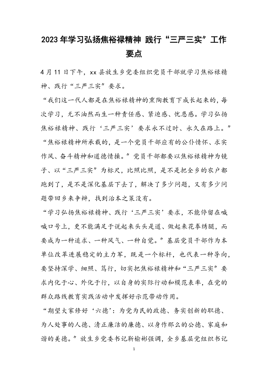 2023年学习弘扬焦裕禄精神 践行“三严三实”工作要点.docx_第1页