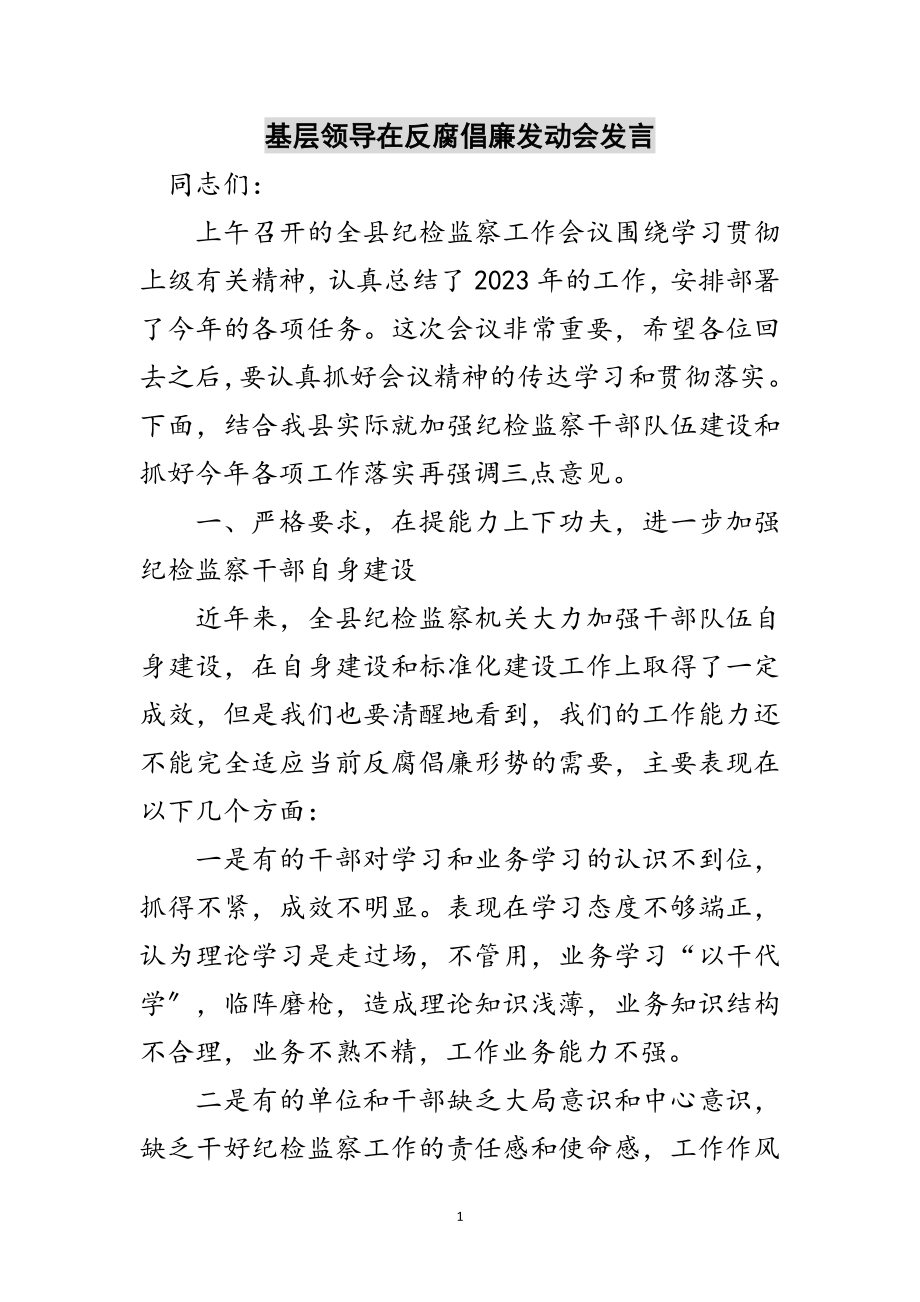 2023年基层领导在反腐倡廉动员会发言范文.doc_第1页