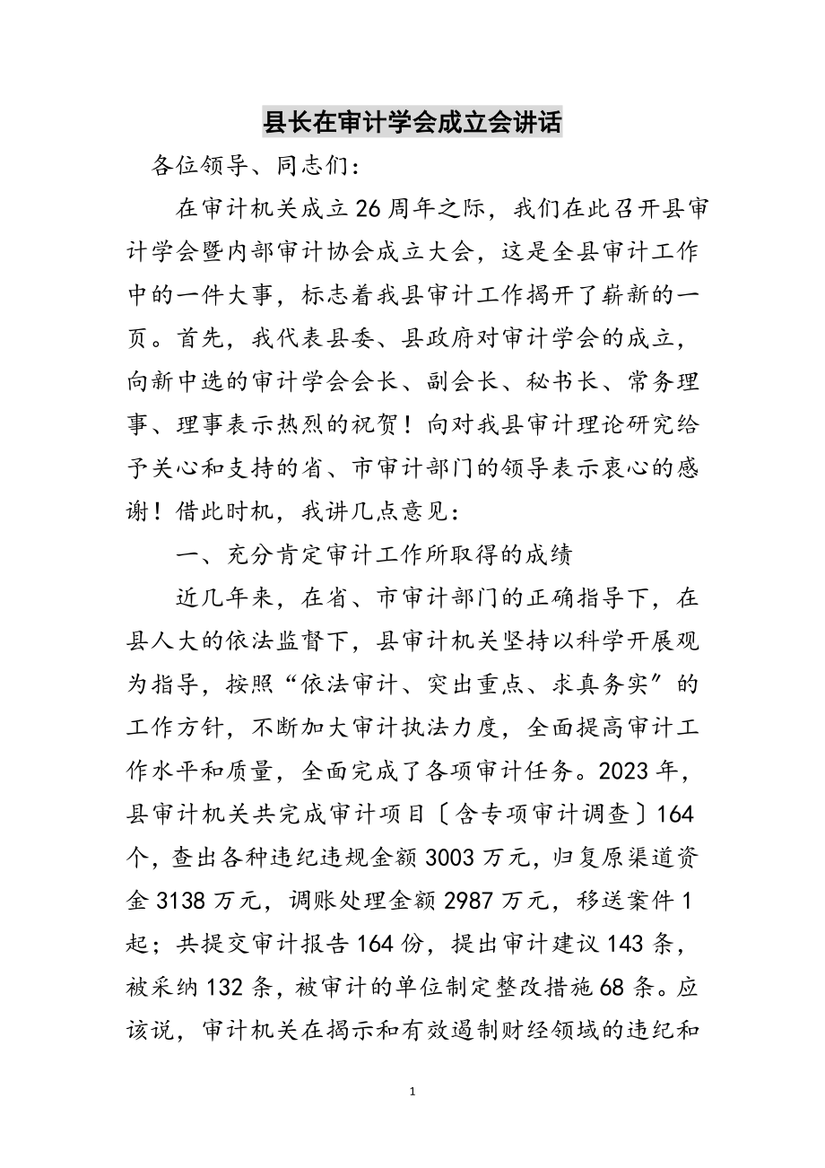 2023年县长在审计学会成立会讲话范文.doc_第1页