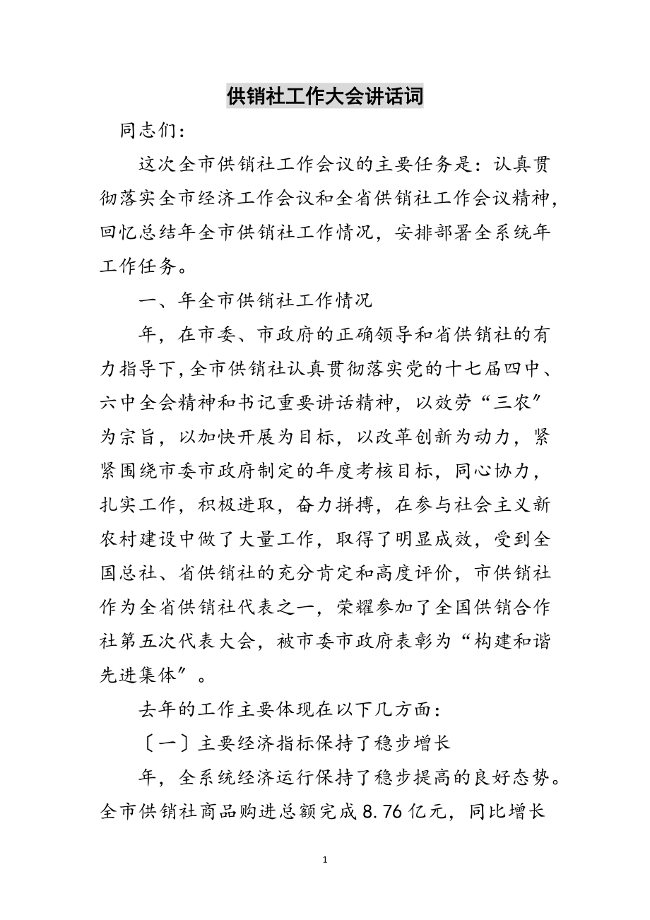 2023年供销社工作大会讲话词范文.doc_第1页