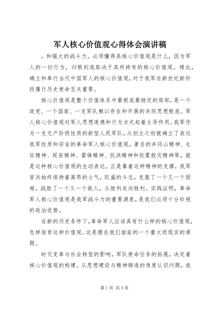 2023年军人核心价值观心得体会演讲稿.docx_第1页