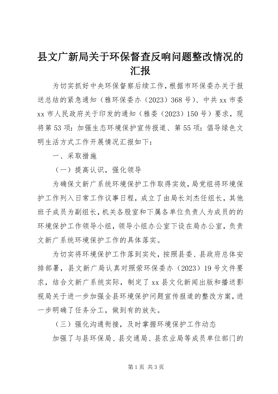 2023年县文广新局关于环保督查反馈问题整改情况的汇报.docx_第1页