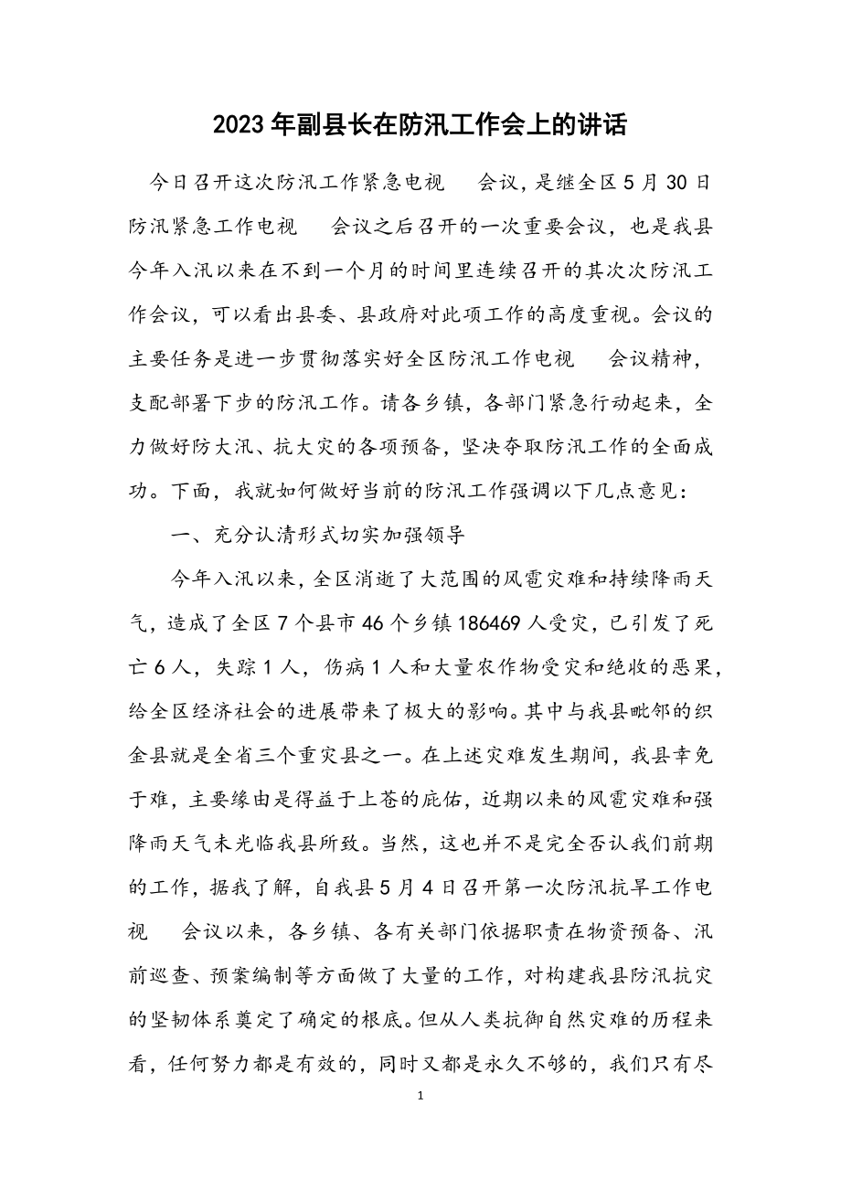 2023年副县长在防汛工作会上的讲话.docx_第1页