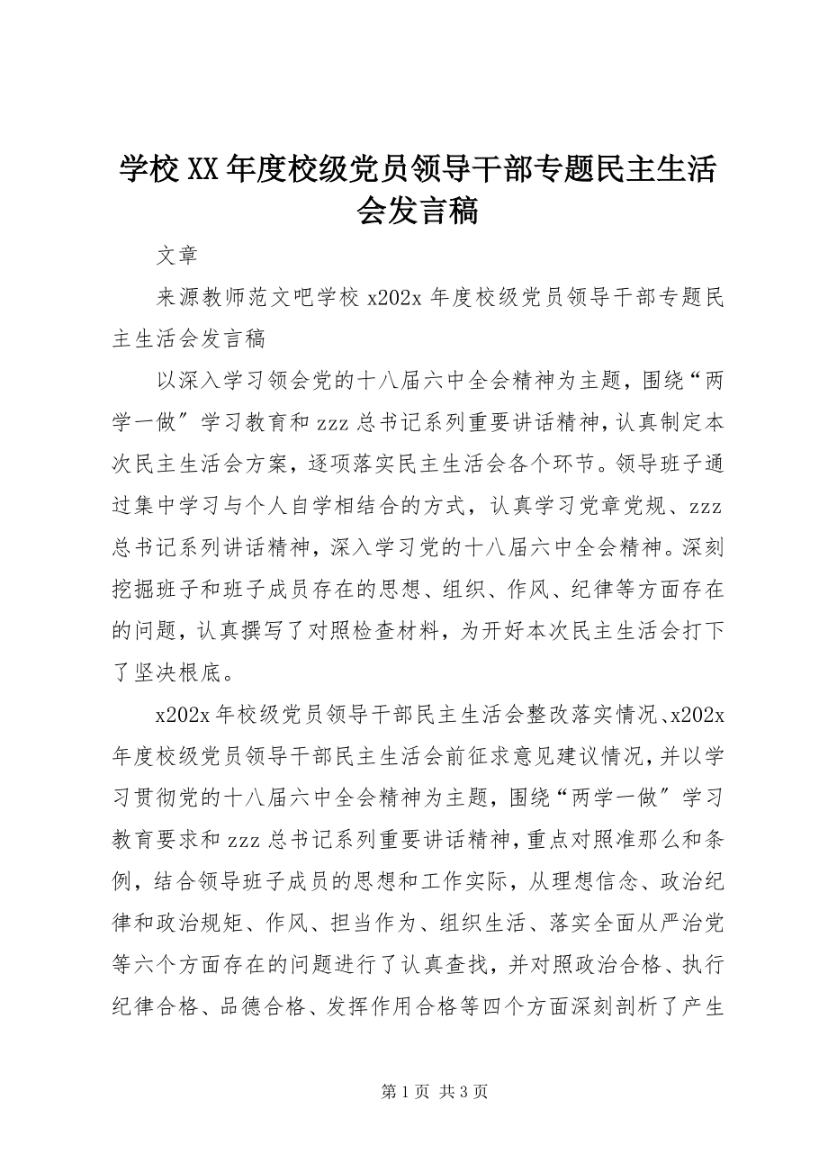 2023年学校度校级党员领导干部专题民主生活会讲话稿.docx_第1页