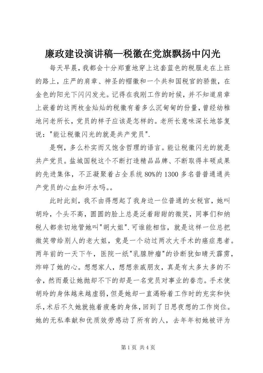 2023年廉政建设演讲稿税徽在党旗飘扬中闪光.docx_第1页