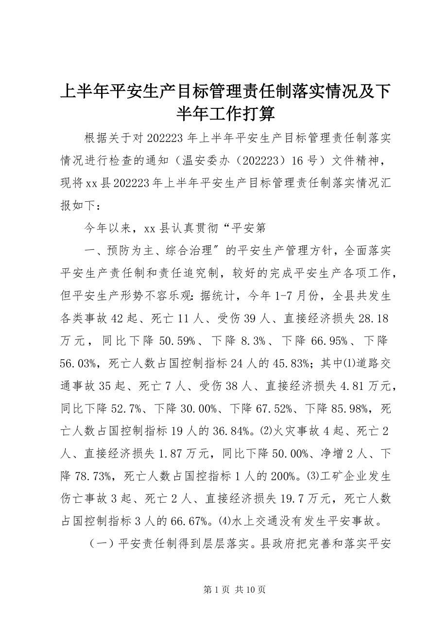 2023年上半年安全生产目标管理责任制落实情况及下半年工作打算.docx_第1页