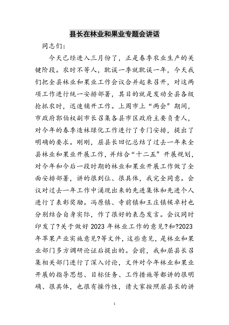 2023年县长在林业和果业专题会讲话范文.doc_第1页