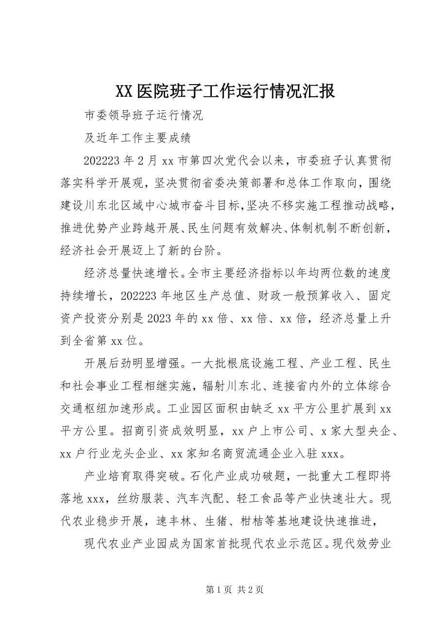 2023年XX医院班子工作运行情况汇报新编.docx_第1页