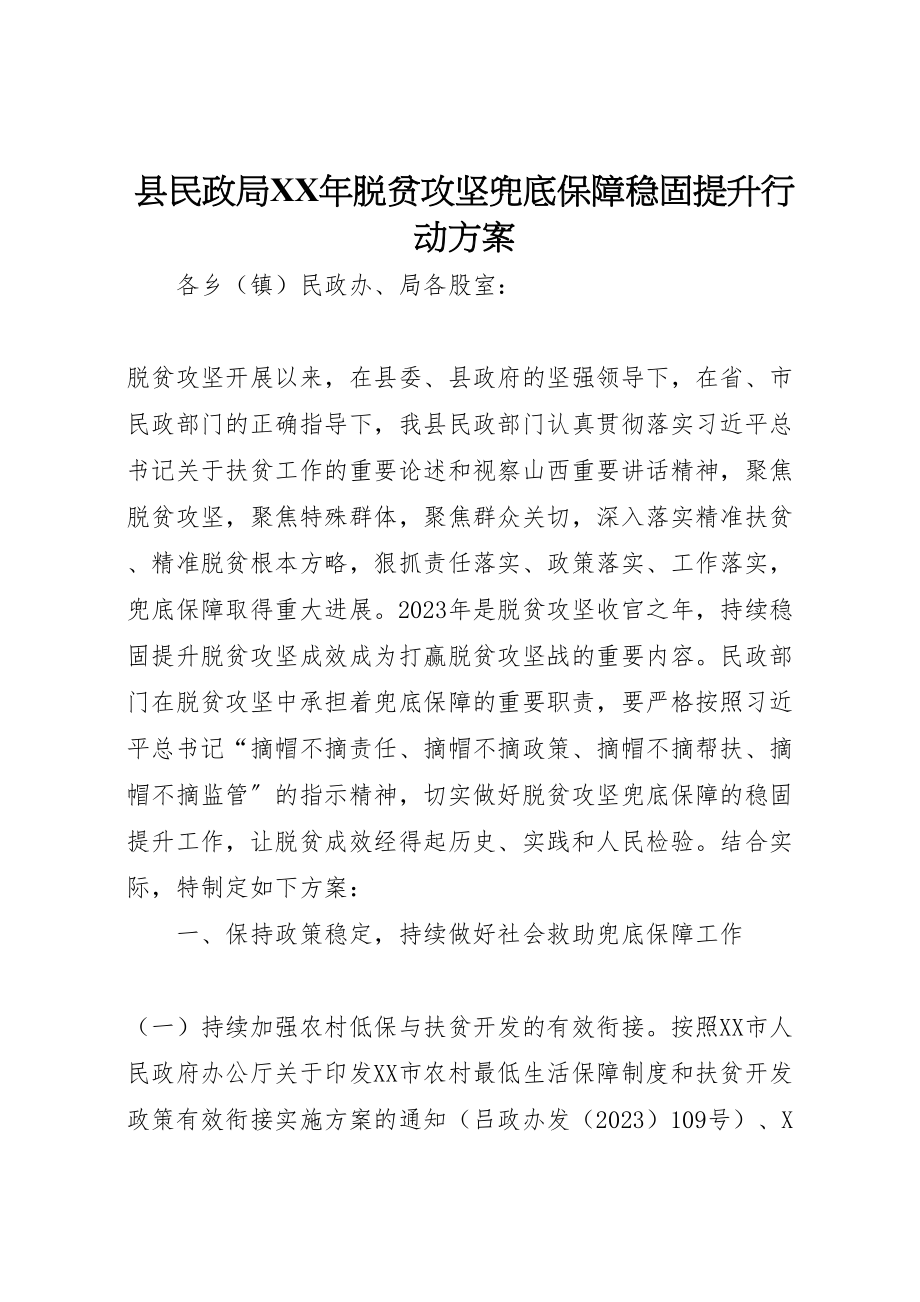 2023年县民政局年脱贫攻坚兜底保障巩固提升行动方案.doc_第1页