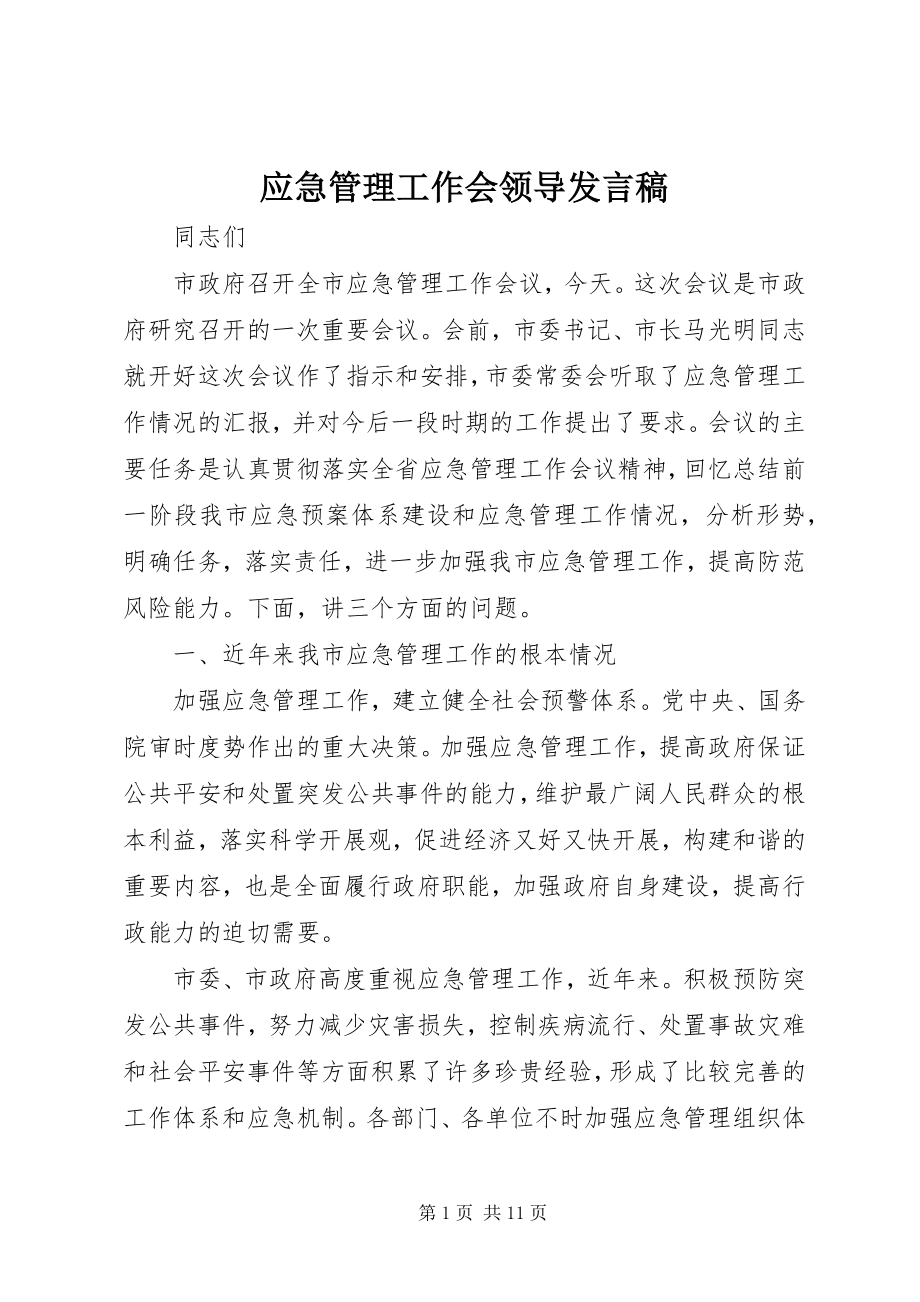 2023年应急管理工作会领导讲话稿.docx_第1页