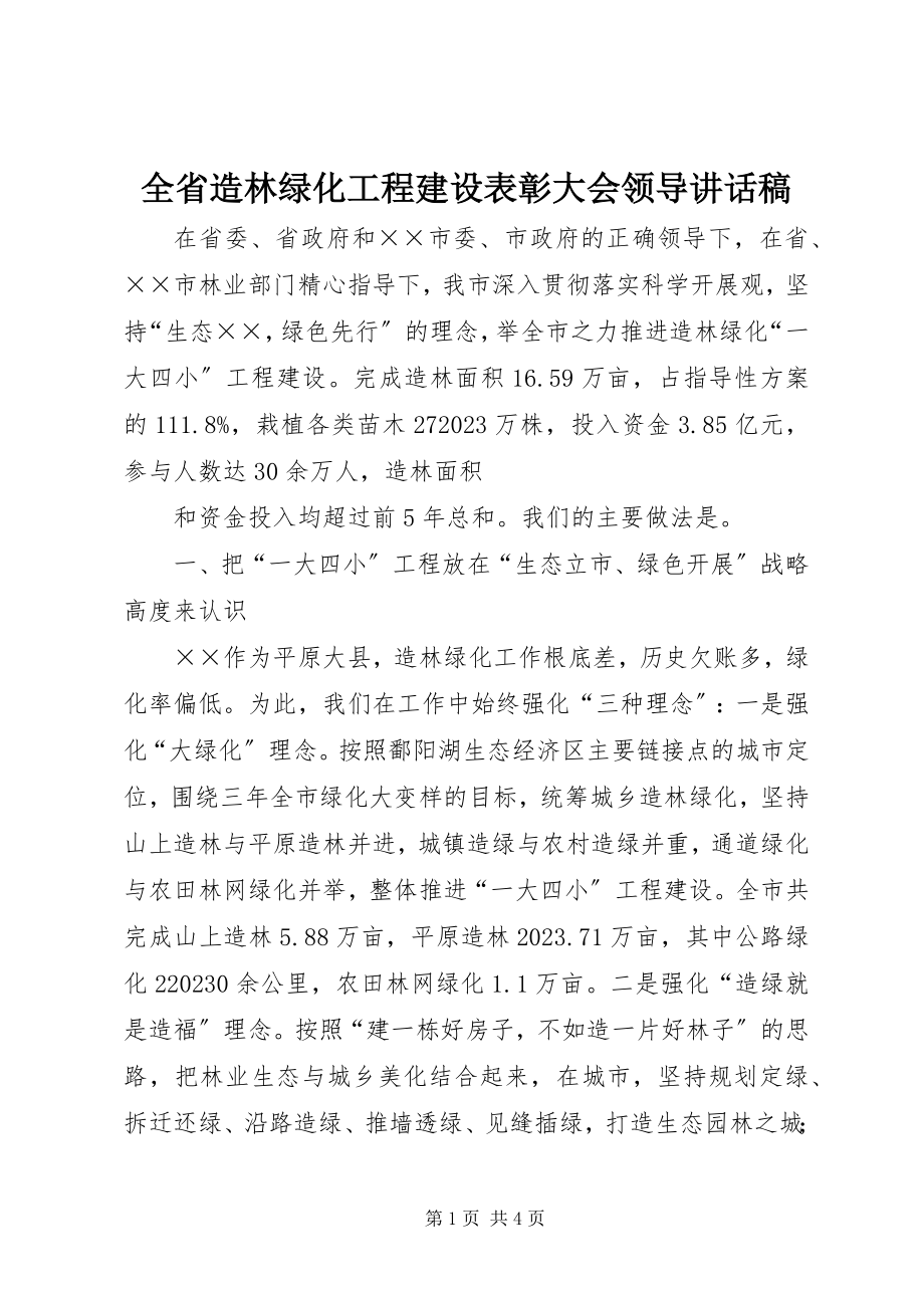 2023年全省造林绿化工程建设表彰大会领导致辞稿.docx_第1页