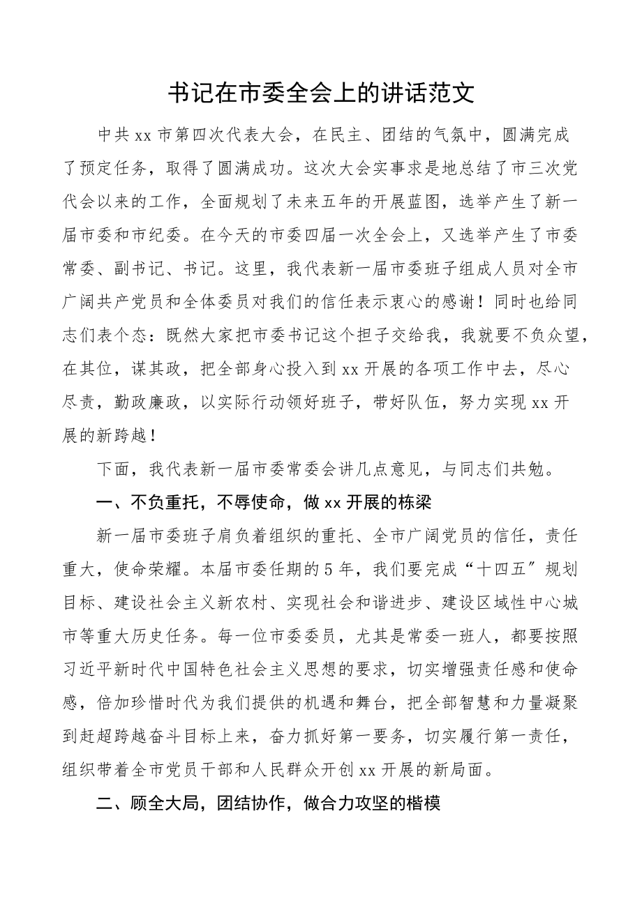 2023年书记在市委全会上的讲话范文表态发言材料.docx_第1页