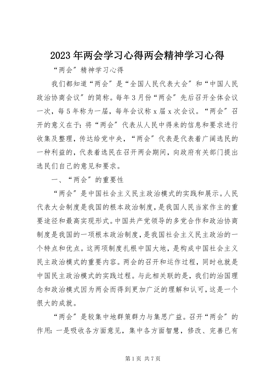 2023年两会学习心得两会精神学习心得.docx_第1页