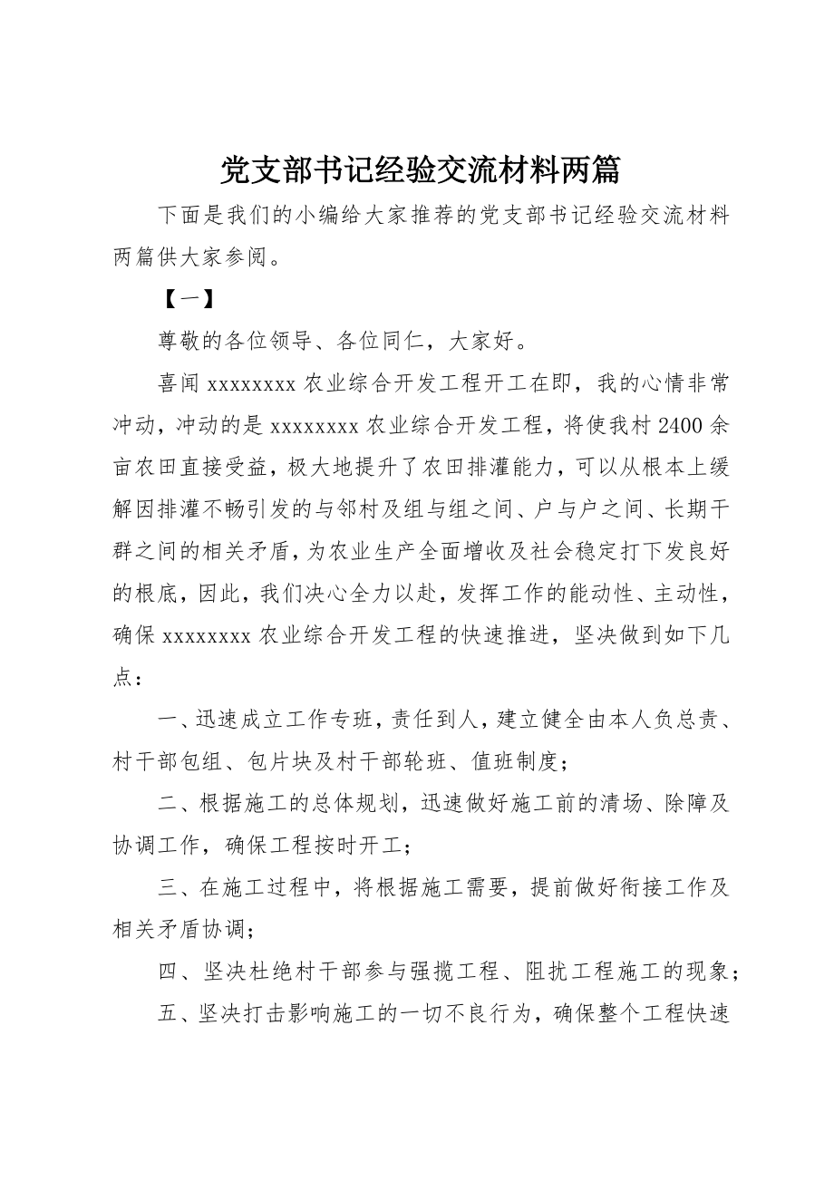 2023年党支部书记经验交流材料两篇.docx_第1页