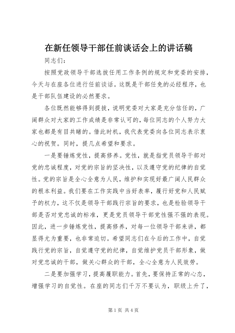 2023年在新任领导干部任前谈话会上的致辞稿.docx_第1页