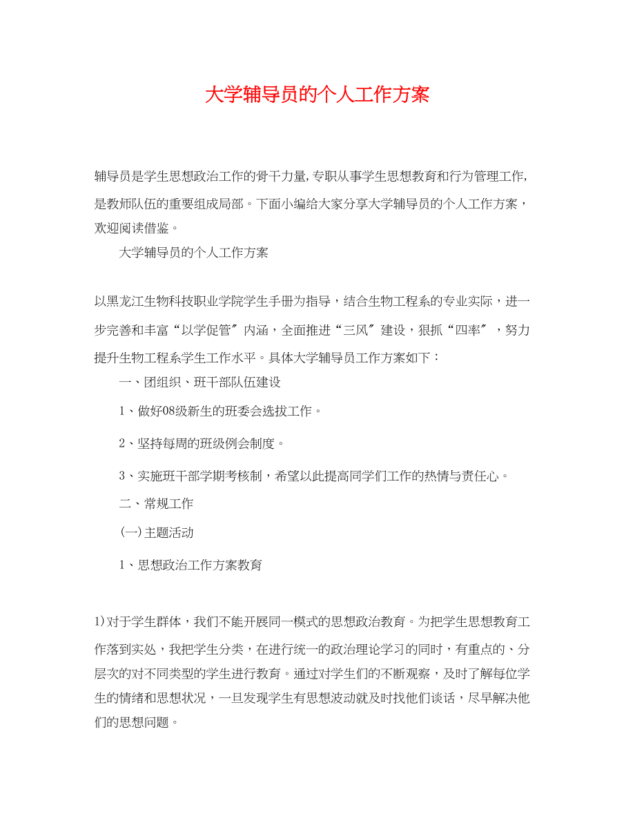 2023年大学辅导员的个人工作计划.docx_第1页