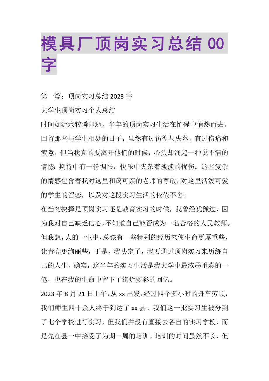 2023年模具厂顶岗实习总结00字.doc_第1页