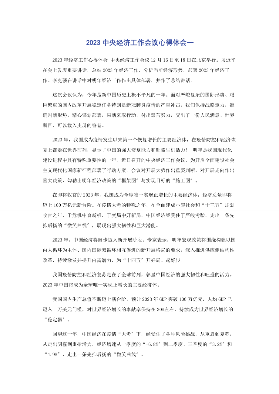 2023年中央经济工作会议心得体会一.docx_第1页