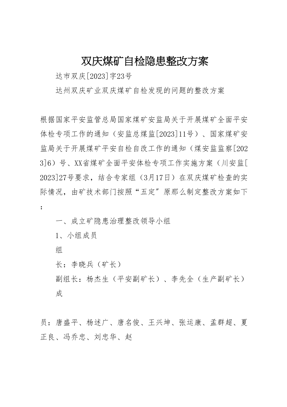 2023年双庆煤矿自检隐患整改方案 2.doc_第1页