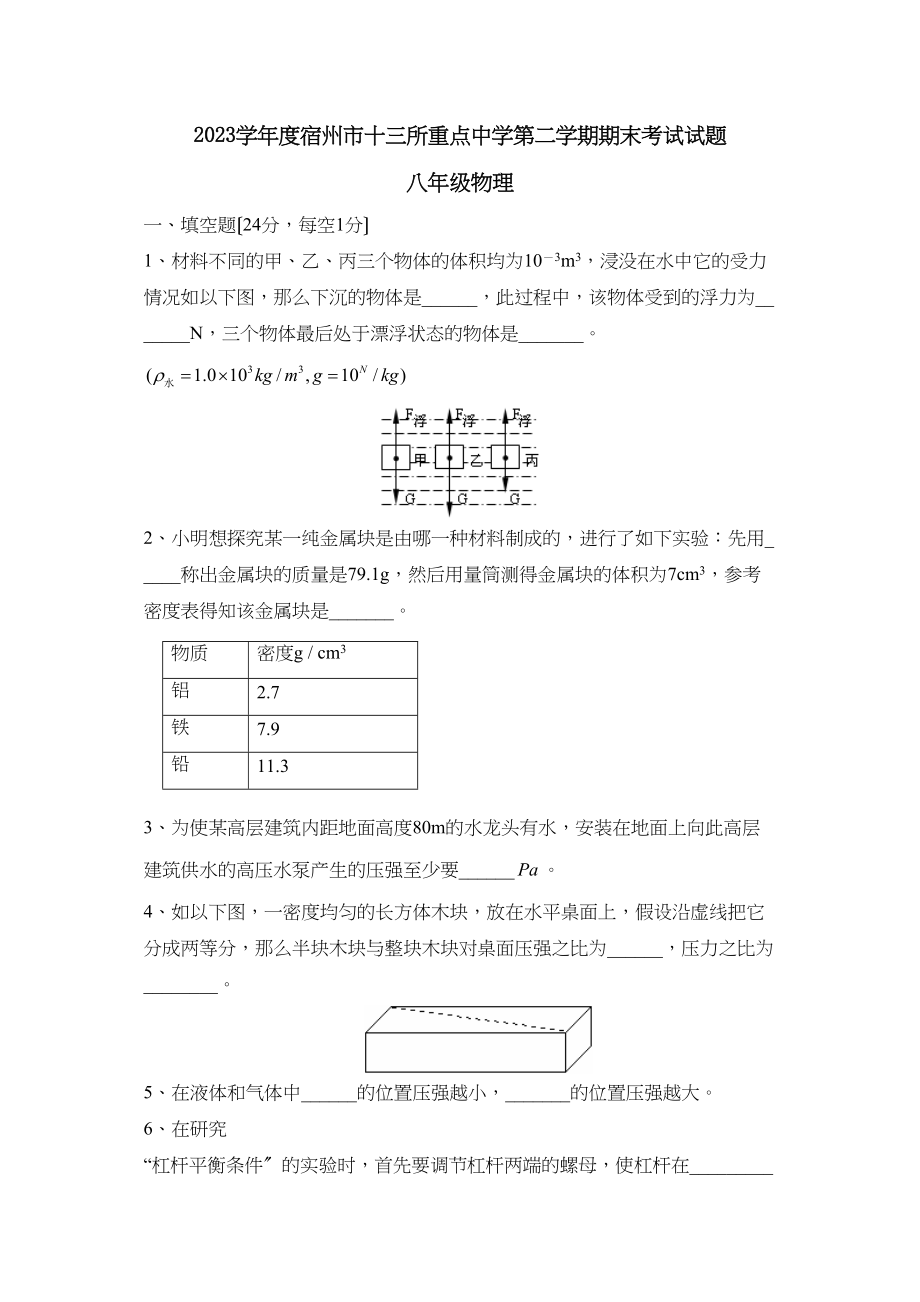 2023年度宿州市十三所重点第二学期八年级期末考试初中物理.docx_第1页