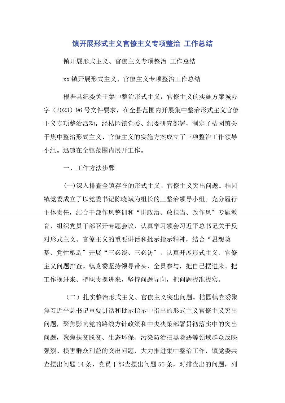 2023年镇开展形式主义官僚主义专项整治 工作总结.docx_第1页