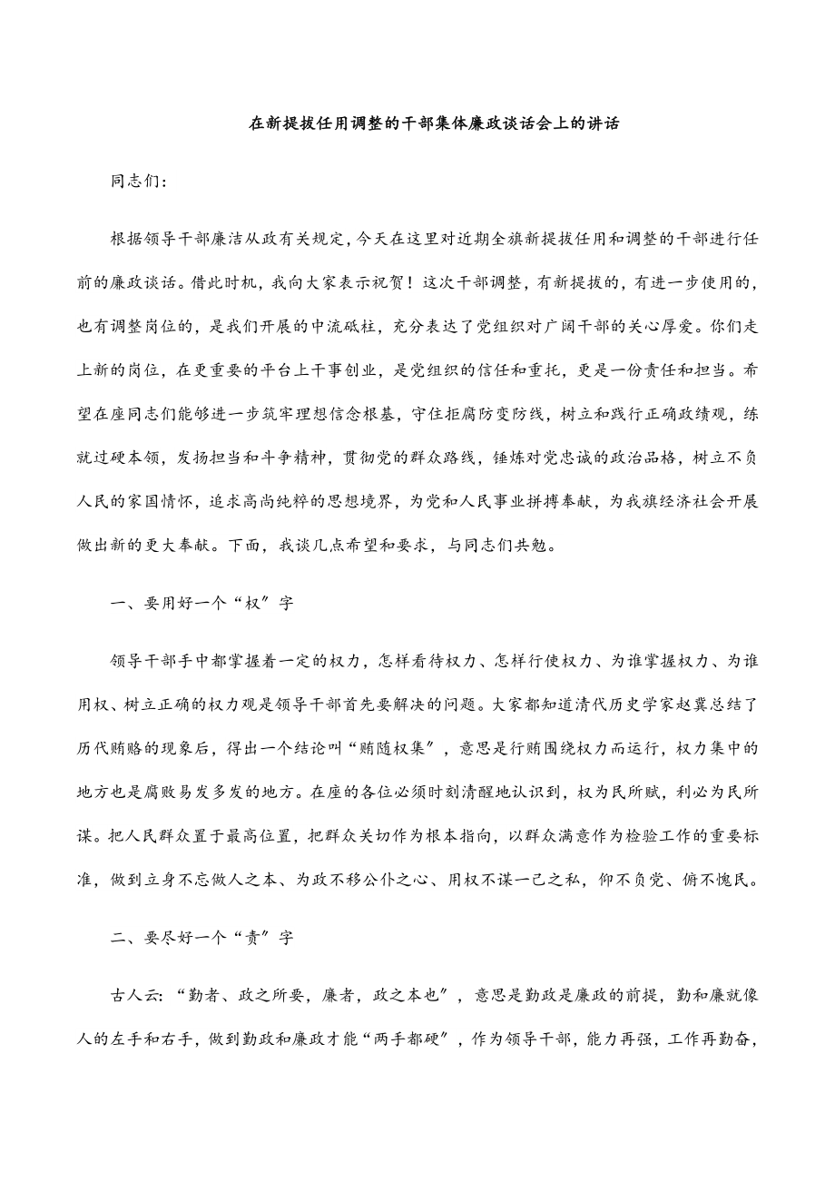 2023年在新提拔任用调整的干部集体廉政谈话会上的讲话.docx_第1页