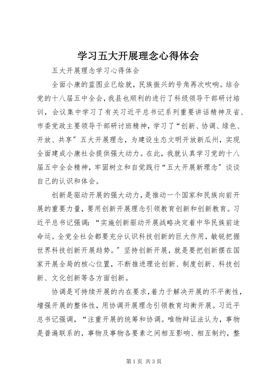 2023年学习五大发展理念心得体会.docx_第1页