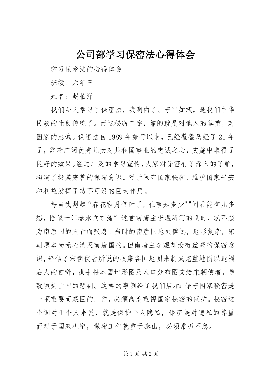 2023年公司部学习保密法心得体会.docx_第1页