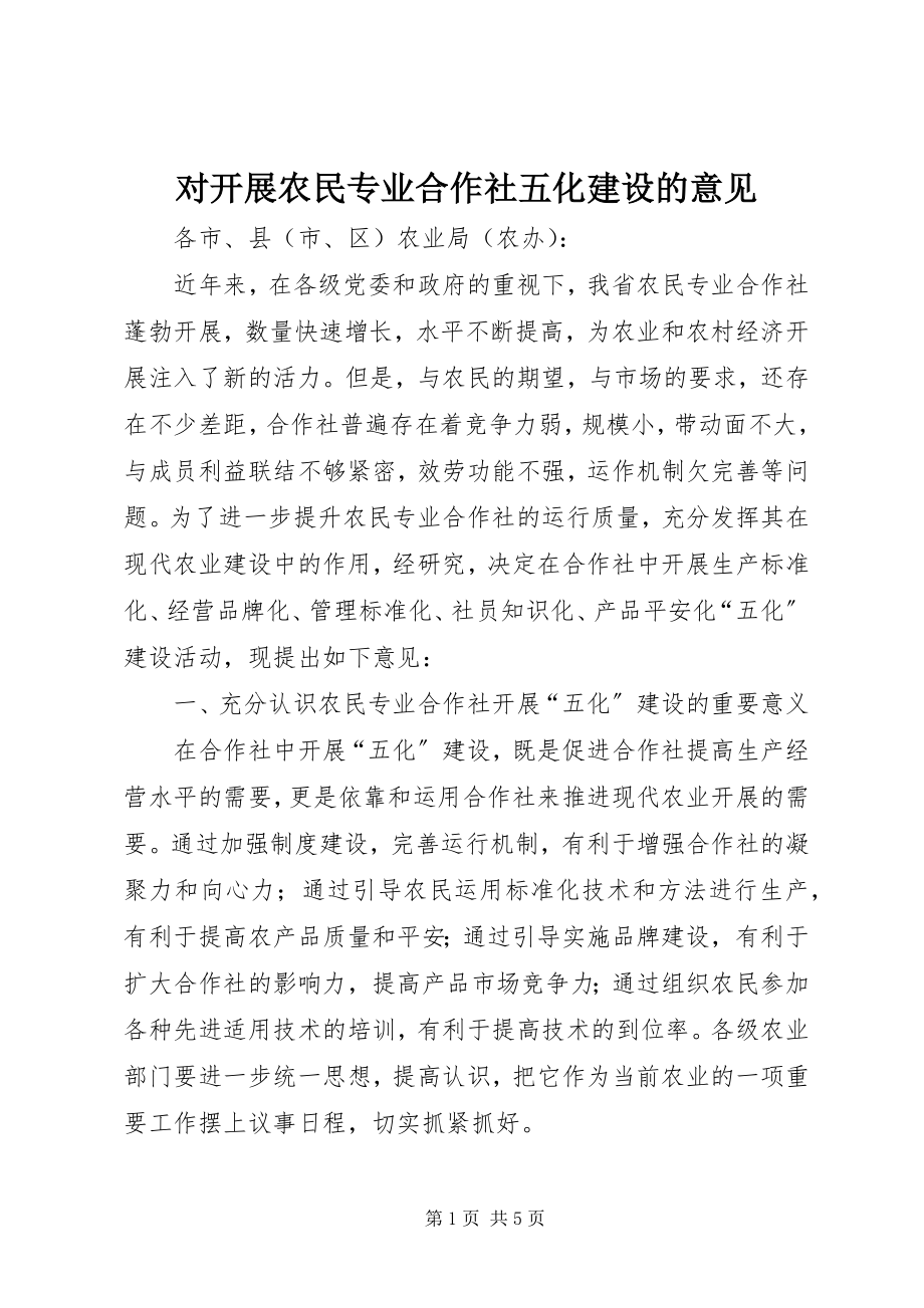 2023年对开展农民专业合作社五化建设的意见.docx_第1页