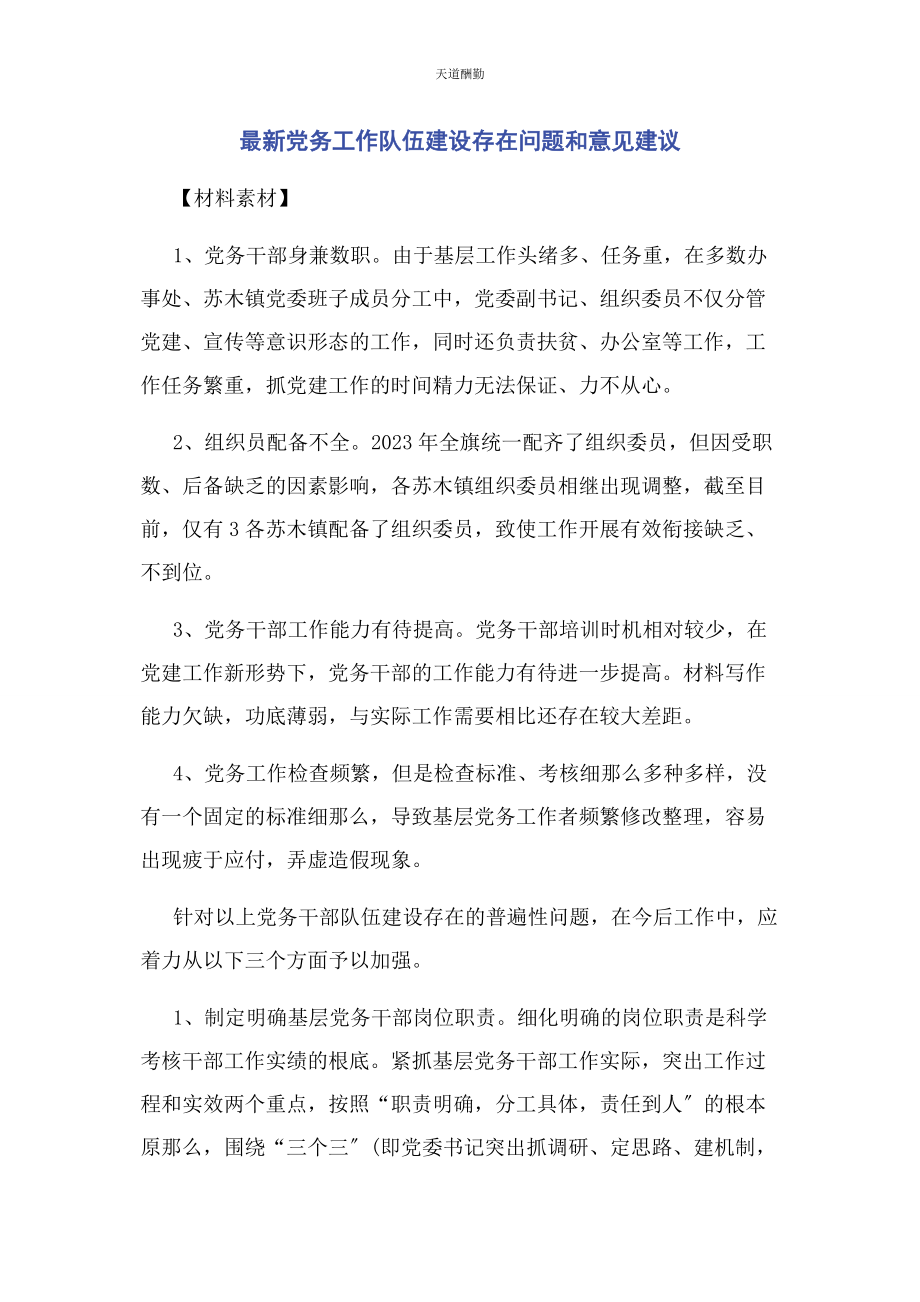 2023年党务工作队伍建设存在问题和意见建议2.docx_第1页