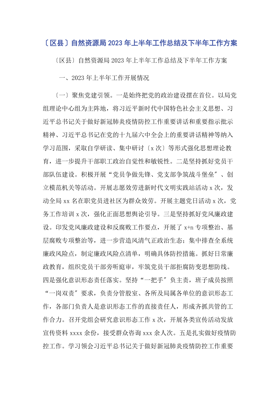 2023年区县自然资源局上半工作总结及下半工作计划.docx_第1页