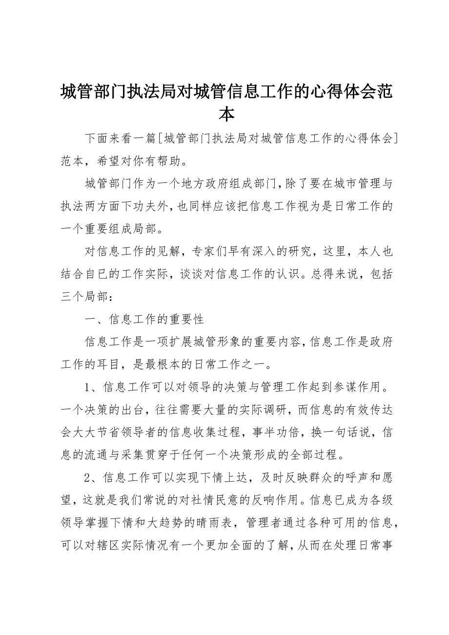 2023年城管部门执法局对城管信息工作的心得体会范本.docx_第1页