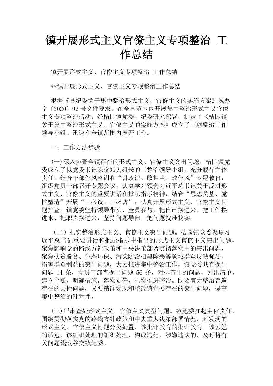 2023年镇开展形式主义官僚主义专项整治 工作总结.doc_第1页